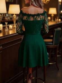 EMERY ROSE Vestido mini de encaje con hombros descubiertos y manga larga para mujer con ribete de volantes - Verde Oscuro - Ver 2