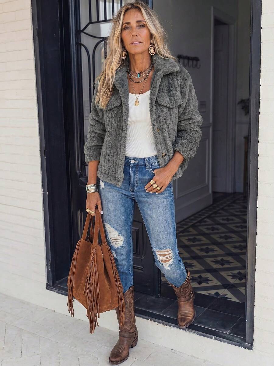 LanaWest Solid Color Front Button Winter Long Sleeve Jacket Fall Cloth For Women - Dark Grey - View 1