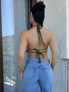Vassilux Casual Vacation Textured Beaded Spaghetti Strap Camisole Summer - Army Green - View 2