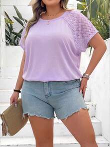 SHEIN CURVE+ Plus Size Color Block Lace Splicing Short Sleeve T-Shirt, Suitable For Beach Vacation In Summer Boho Vacation - Mauve Purple - View 5