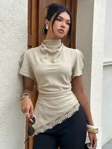 Siren Gaze Áo kiểu thanh lịch, sang trọng, cổ cao, viền ren, tay ngắn, dáng ôm, xếp ly, thích hợp cho mùa hè và mùa đông, đi làm, công sở, dự tiệc. - Màu Khaki - Xem 3