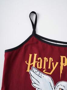HARRY POTTER X SHEIN 少女猫头鹰印花吊带背心和短裤睡衣套装 - 紅色 - 查看 3
