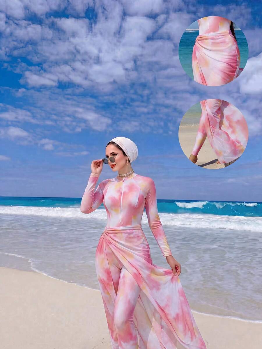 Swim Shayni 春夏热销渐变印花拉链泳衣+纯色弹力腰裤+渐变印花腰部开衩裙三件套布基尼套装 - 彩色 - 查看 1