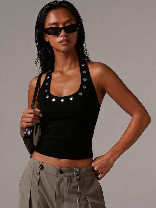 Athîral Denim Women's Casual Vacation Knit Denim Halter Elastic Cropped Top With Sequin Decor