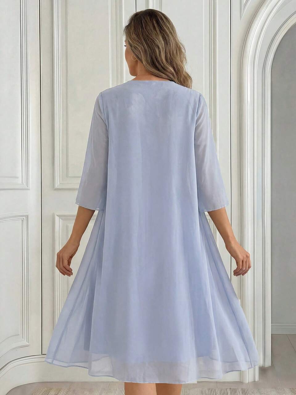 Women's Elegant Dusty Blue Floral Print Dress And Half Sleeve Open Front Robe 2-Piece Set,Summer Vacation Outfit,Dining & Festival Set