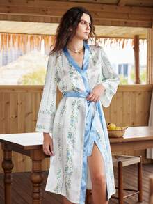 Lullawish Bata de satén con estampado floral y de rayas en estilo bohemio con mangas acampanadas de color contrastante para mujeres - Multicolor - Ver 6
