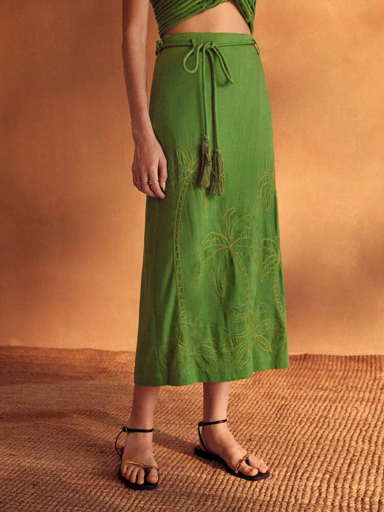 WOMEN'S LINEN BLEND EMBROIDERED SKIRT, SUITABLE FOR SPRING/SUMMER VACATION