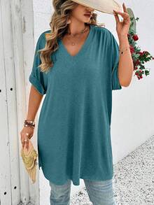 EMERY ROSE Plus Size Women Summer Casual V-Neck Short Sleeve T-Shirt - Green - View 4