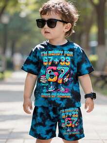 Young Boy's Casual Minimalist T-Shirt Set, Classic Cool Gradient Splash Ink Print, Stylish Cartoon Building Block, Book, Lightning Graphic, Text "I'M READY FOR 67+33 DAYS OF SCHOOL", Suitable For Spring/Summer, Suitable For School - Multicolor - View 1