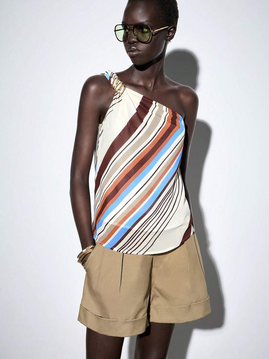 Lumivelle Women Blue And White Stripe Chiffon Blouse,Summer Elegant Vacation Metal Button Oblique Shoulder Backless Ruffle A-Line Hem Luxury Party Top - Multicolor - View 1
