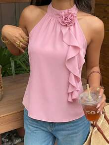 DreamSkyne Plus Size Summer Elegant 3D Floral Ruffle Neck Blouse For New Year Clothes - Pink - View 11