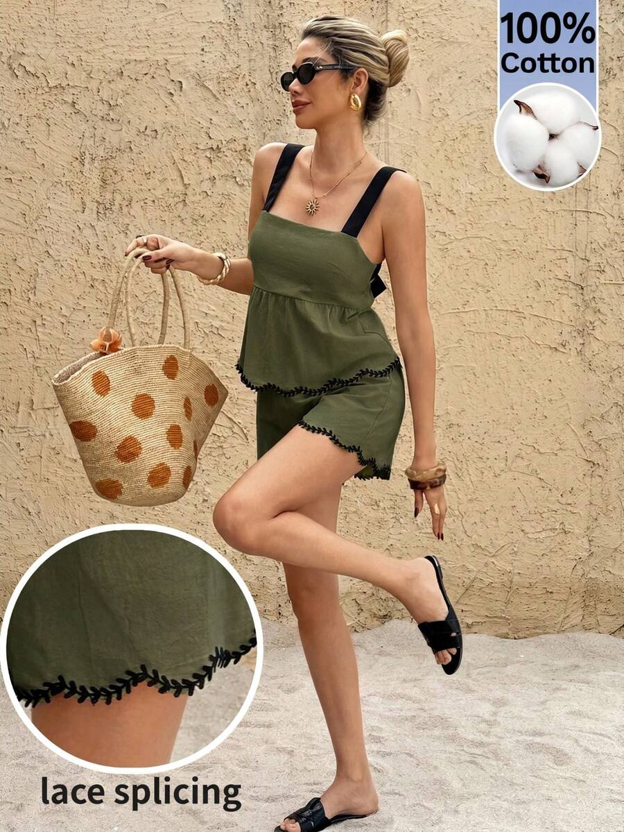 SHEIN Frenchy Conjunto Casual de 2 Peças com Regata e Shorts em Cores Contrastantes para Mulheres - Verde Militar - Visão 1
