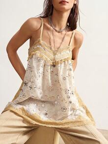 Bohemela Boho Vacation Casual Woven Fitted Camisole Top For Women White And Blue Floral Summer - Apricot - View 3