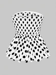 Selianne Áo hai dây ngắn phong cách Pháp retro họa tiết chấm bi, chiết eo, gấu xòe, không tay, áo crop top cho mùa hè - Đen và trắng - Xem 4