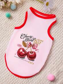 PETSIN 1 Piece Butterfly Bow Cherry Letter Printed Pet Vest, Light Pink, Red Border, Casual Style, Gentle And Breathable, Anti Shedding Pet Clothing - Multicolor - View 1