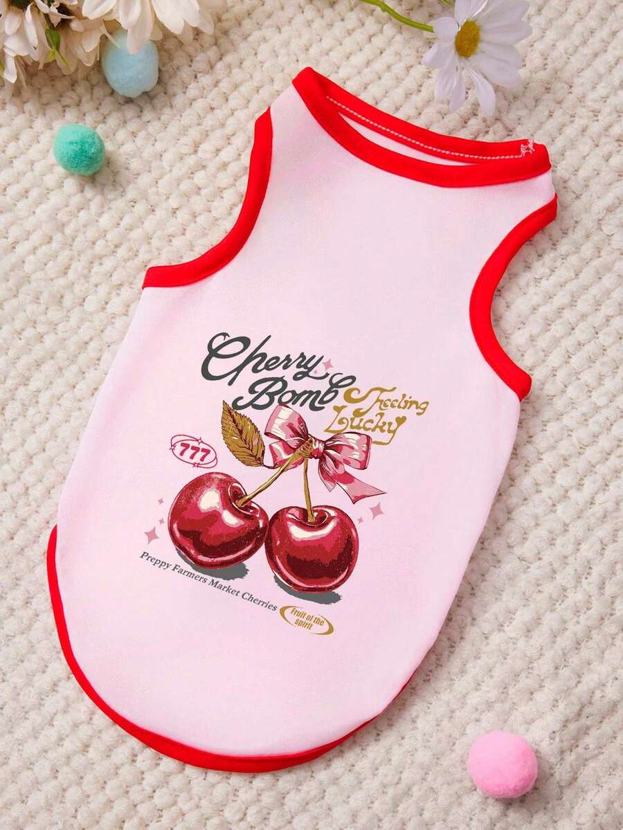 PETSIN 1 Piece Butterfly Bow Cherry Letter Printed Pet Vest, Light Pink, Red Border, Casual Style, Gentle And Breathable, Anti Shedding Pet Clothing - Multicolor - View 1