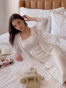 Crystal Vow 2 件套女士浪漫婚礼睡衣套装，节日季舒适优雅细节 - 白色 - 查看 6