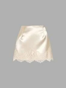 Sweetra Petite Elegant French Retro Satin Brown Lace Patchwork Casual Skirt, Fashionable New Spring Collection For Petite Women - Apricot - View 2