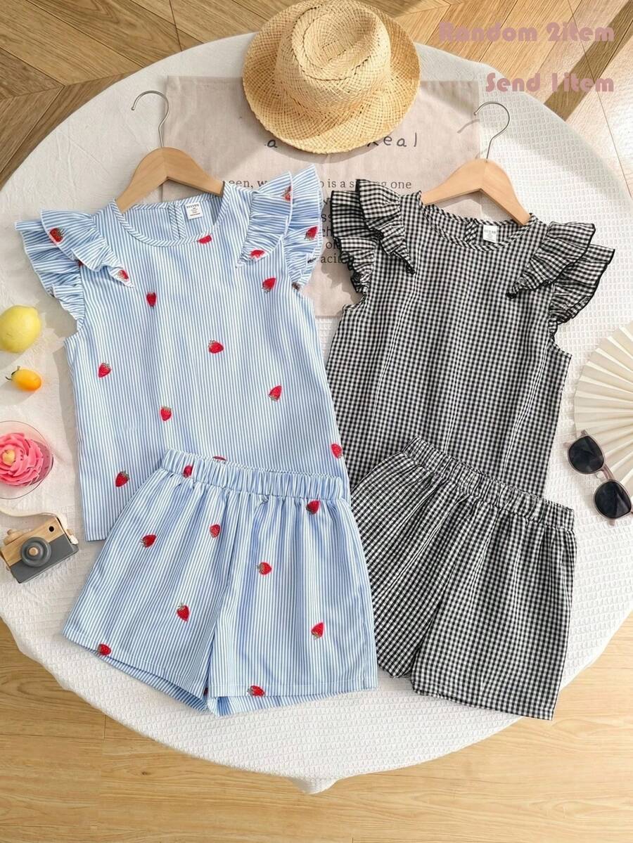 SHEIN طقم بنتين كاجوال بسيط مريح بياقة دائرية وبلوزة بكشكشة وبنطلون 2 قطعة - الأزرق - مشاهدة 1