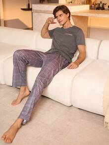 SHEIN Provexi 男士素色圓領短袖上衣與格紋印花長褲睡衣套裝 - 深灰色 - 查看 4