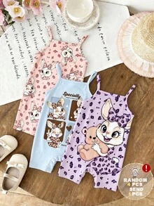 [RANDOM 4 PCS SEND 1 PC] Baby Girls Pink Summer Cute Family Matching Retro Leopard Bow Cartoon Rabbit Graphic Suspender Romper,Korean Style Outfit - Multicolor - View 3