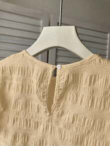 Kids/Teen Girls Textured Peach Blouse,Summer Elegant Round Neck Ruched Ruffled Trim Flutter Sleeves,Party Casual French Style,Back To School Outing - Apricot - View 4