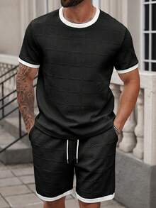 Manfinity Homme Plus Size White Textured Knit T-Shirt Set, The Pants Cuffs And Hem Are Accented In Black To Complement The Overall Design - Black - View 5