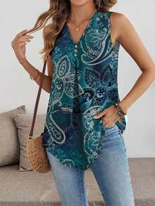 EMERY ROSE Elegant Vintage Distressed Green Floral Print Bohemian Style Sleeveless V-Neck Blouse, Suitable For Music Festivals, Beach Outfits, Vacation Wear, Plus Size Women In Summer - Multicolor - View 1