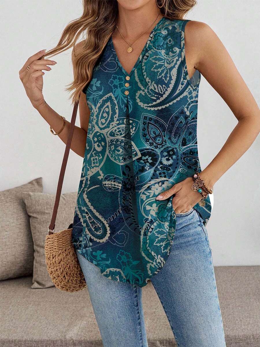 EMERY ROSE Elegant Vintage Distressed Green Floral Print Bohemian Style Sleeveless V-Neck Blouse, Suitable For Music Festivals, Beach Outfits, Vacation Wear, Plus Size Women In Summer - Multicolor - View 1