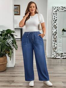 EMERY ROSE EMERY ROSE Jeans casuales sueltos de talla grande con bolsillo de torsión y unicolor - Azul lavado medio - Ver 4