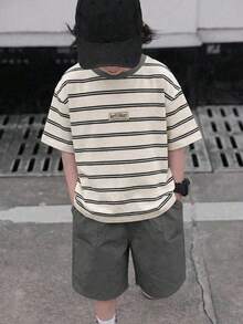 2pcs/Set Tween Boys Casual Comfortable Versatile Striped Print T-Shirt And Solid Color Shorts Set - Grey - View 4