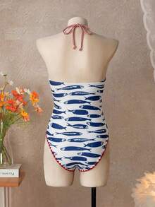 Swim Vcay 鱼纹露背系带连体泳衣，适合海滩和度假 - 彩色 - 查看 3