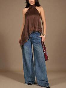 SHEIN PETITE Women's Lace Patchwork Halter Backless Sexy Versatile Top For Dates & Outings,Summer Top ,Petite Women - Coffee Brown - View 7