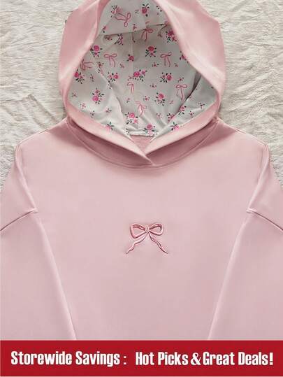 SHEIN Soft Polyester Tween Girls Sweatshirt In Pink With Snug Hem And Graphic Bow Detail Fall Winter