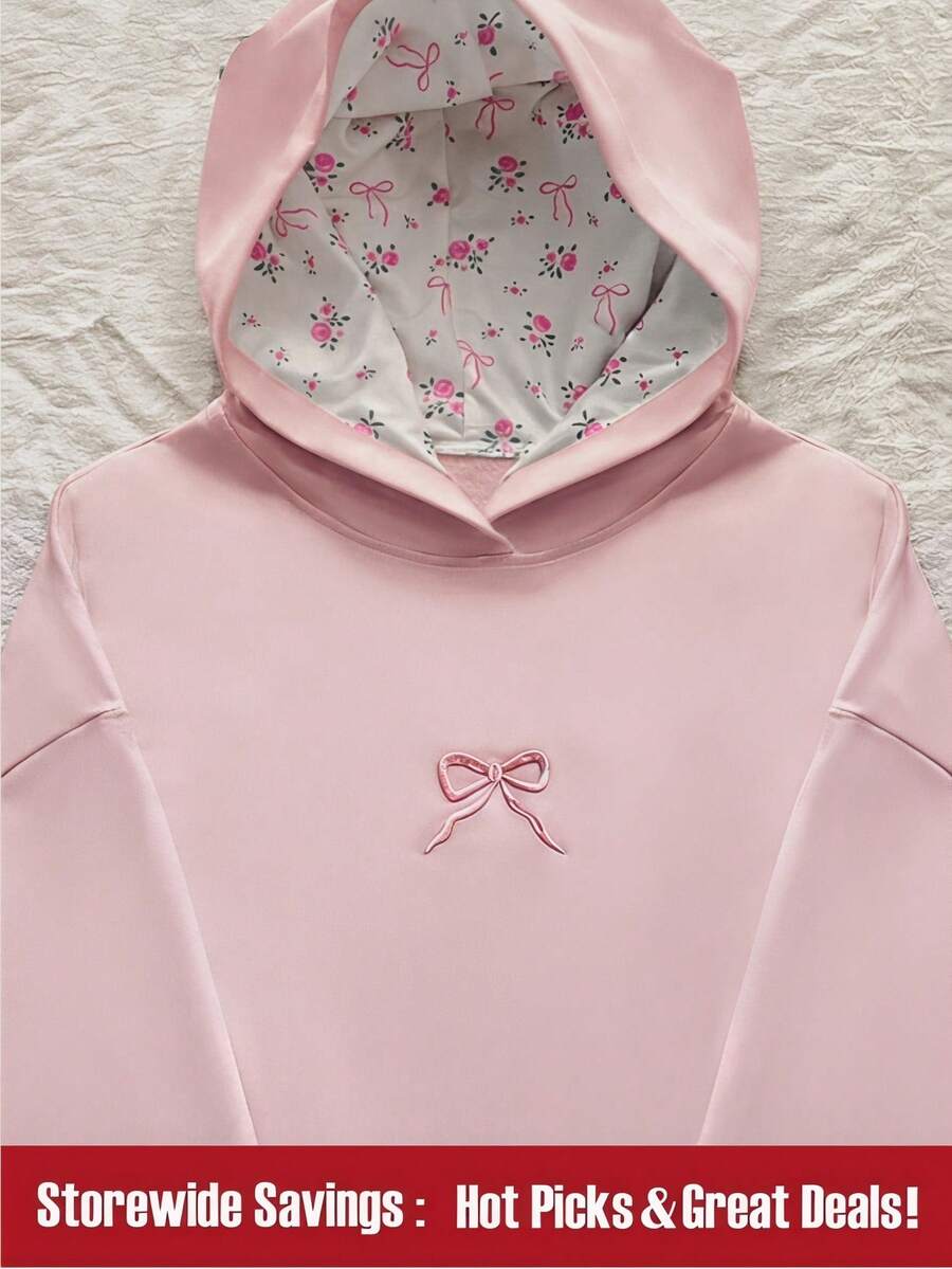 SHEIN 粉色柔软涤纶女童卫衣，下摆贴合，饰有蝴蝶结图案，适合秋冬季穿着。 - 粉色 - 查看 1
