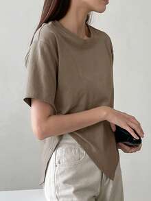 Dazy-Less Camiseta lisa com bainha dividida, roupa de trabalho casual para mulheres - Camelo - Ver 4