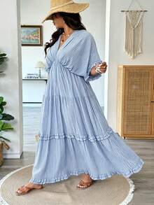 Vionelle Plus Size Women Light Blue Ruffle Hem Loose Long Dress, Spring/Summer Beach Vacation Vacation Boho - Blue - View 7