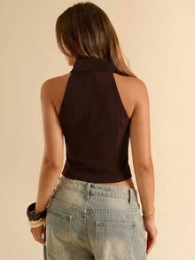Top ajustado de mujer sin mangas con cuello cuadrado y ribete de encaje blanco sólido, primavera/verano, blusa blanca elegante - Café integral - Ver 2
