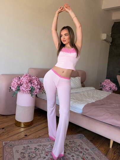 Katetique طقم نسائي من قطعتين كاميسول دانتيل وبنطلون واسع، ملابس كاجوال للبنات باللون الوردي، طقم بنطلون واسع مع حافة دانتيل من قطعتين للصيف