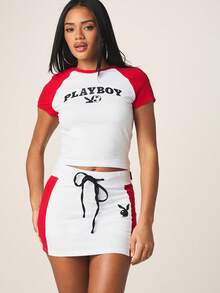 Missguided x Playboy Mini Skirt With Contrast Side Panels Black Drawstring Waistband Bunny Logo Athletic Style Streetwear, World Cup 2026 Sporty Game Streetwear Jersey - Red and White - View 5