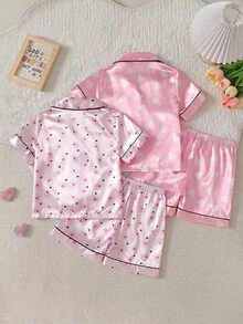 SHEIN 4件套花卉爱心印花女童幼儿开衫睡衣套装 - 淺粉色 - 查看 2