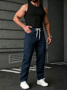 SLATEMANN Men's Drawstring Pants,Navy Blue,Autumn,Street Wear,City Break,Y2K Style Black Trousers,Comfortable Versatile Wardrobe Essential For Casual Outings - Navy Blue - View 4