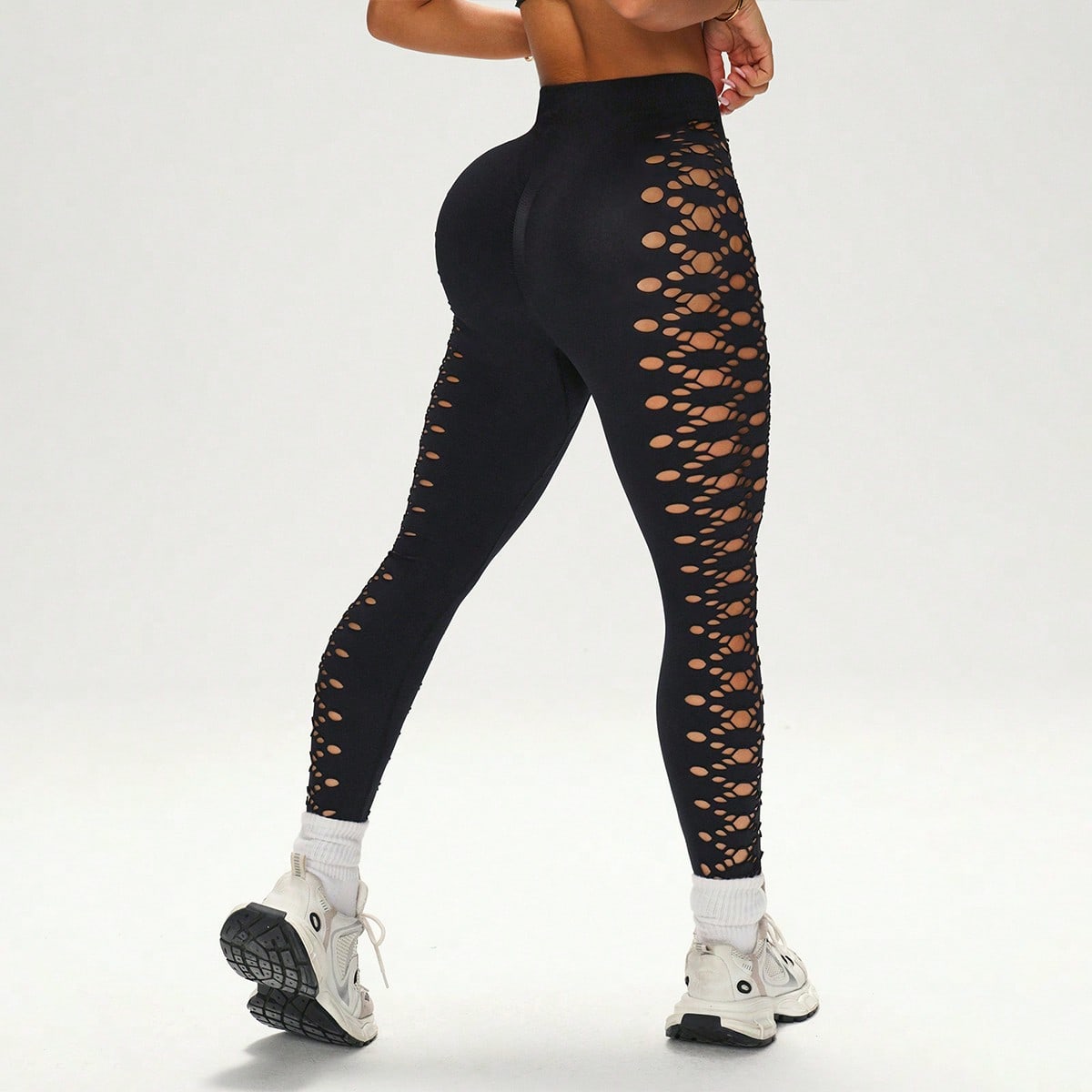 Leggings casuales y versátiles de uso diario y deportivo de unicolor y con diseño hueco para mujeres