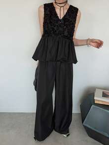 FRIFUL Women's French Style Lace Patchwork Camisole And Casual Pants 2 Pieces Set Summer - Black - View 4