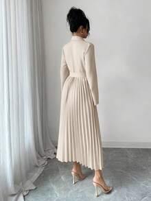SHEIN PETITE 女款休閒百搭通勤拼接西裝領長袖收腰百褶中長洋裝，秋冬款 - 杏色 - 查看 2