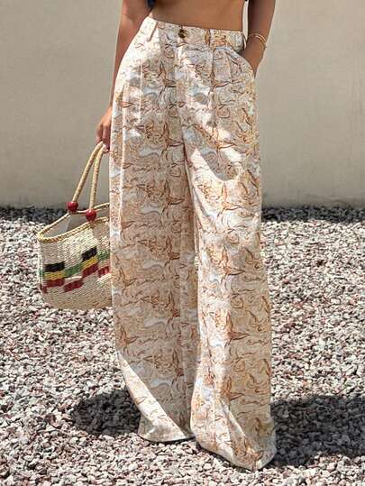 Livesso Women's Floral Print Straight Loose Pants, Suitable For Vacation