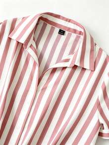 GlowEve CURVE Plus Size Woven Blue & White Striped Asymmetrical Hem Short Sleeve Casual Shirt - Dusty Pink - View 3