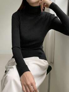 DAZY Ribbed Knit Turtleneck Jumper - Black - View 3