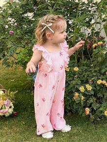 LMoss Kids Bộ áo liền quần dệt sọc cổ bèo cho bé gái, kiểu dáng thường ngày. - Màu Hồng baby - Xem 5