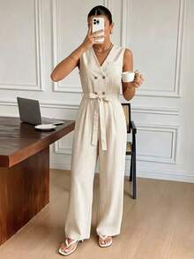 Franclia Bộ jumpsuit nữ cổ chữ V không tay, có túi, cài cúc đôi, xếp ly, ống rộng, thời trang mùa hè. - Màu be - Xem 5